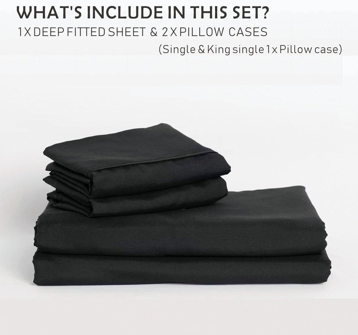 2 Piece Fitted Sheet Set- Fitted Sheet & Pillowcases -Breathable Bedding - Wrinkle, Fade, Stain Resistant- 40cm Deep Pocket Fitted Bed Sheet Set(Black,Single)
