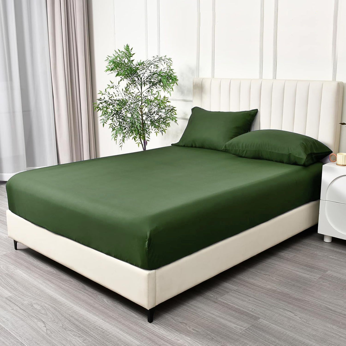 2 Piece Fitted Sheet Set- Fitted Sheet & Pillowcases -Breathable Bedding - Wrinkle, Fade, Stain Resistant- 40cm Deep Pocket Fitted Bed Sheet Set(Olive green,Single)