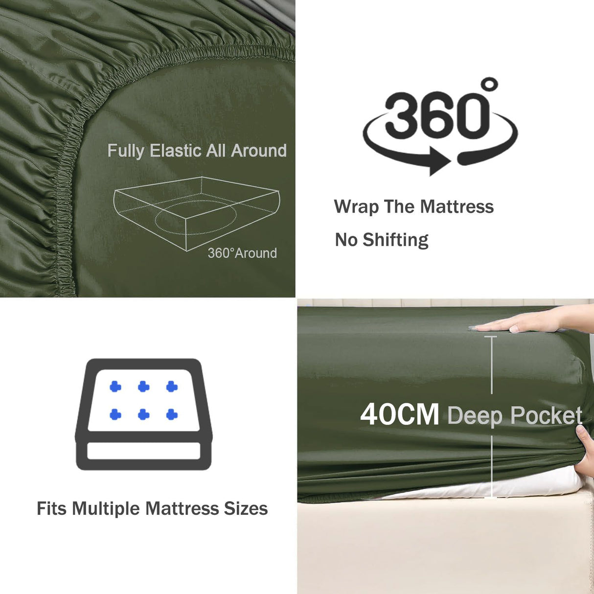 2 Piece Fitted Sheet Set- Fitted Sheet & Pillowcases -Breathable Bedding - Wrinkle, Fade, Stain Resistant- 40cm Deep Pocket Fitted Bed Sheet Set(Olive green,Single)