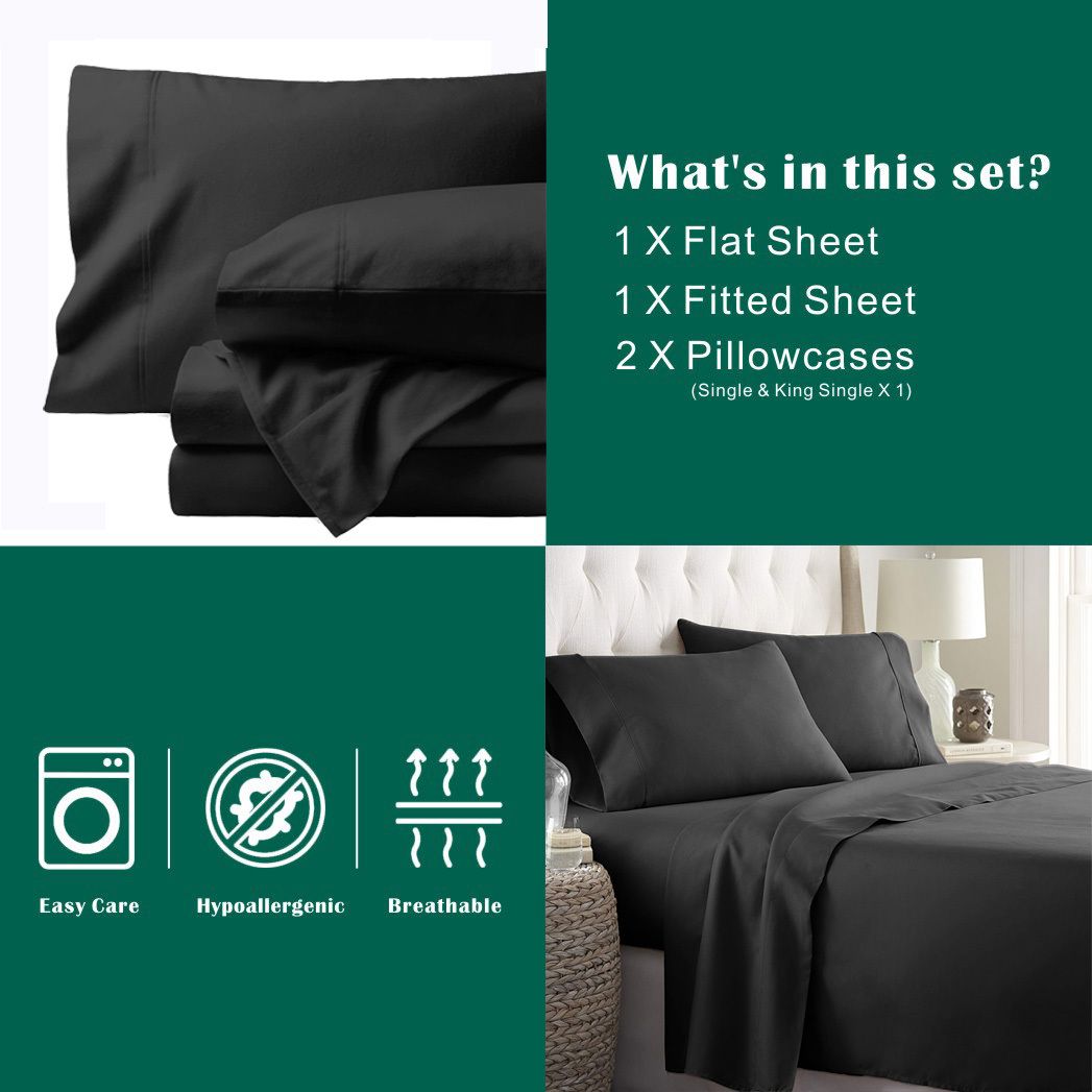 3 Piece Bed Sheet Set- Bedding Sheets & Pillowcases -Breathable Bedding - Wrinkle, Fade, Stain Resistant-Deep Pocket Flat Fitted Bed Sheet Set(Black,Single)