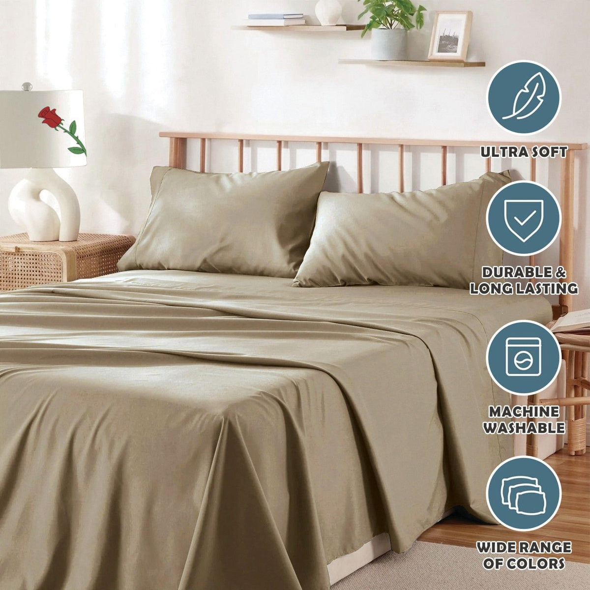 3 Piece Bed Sheet Set- Bedding Sheets & Pillowcases -Breathable Bedding - Wrinkle, Fade, Stain Resistant-Deep Pocket Flat Fitted Bed Sheet Set(Camel Beige,Single)