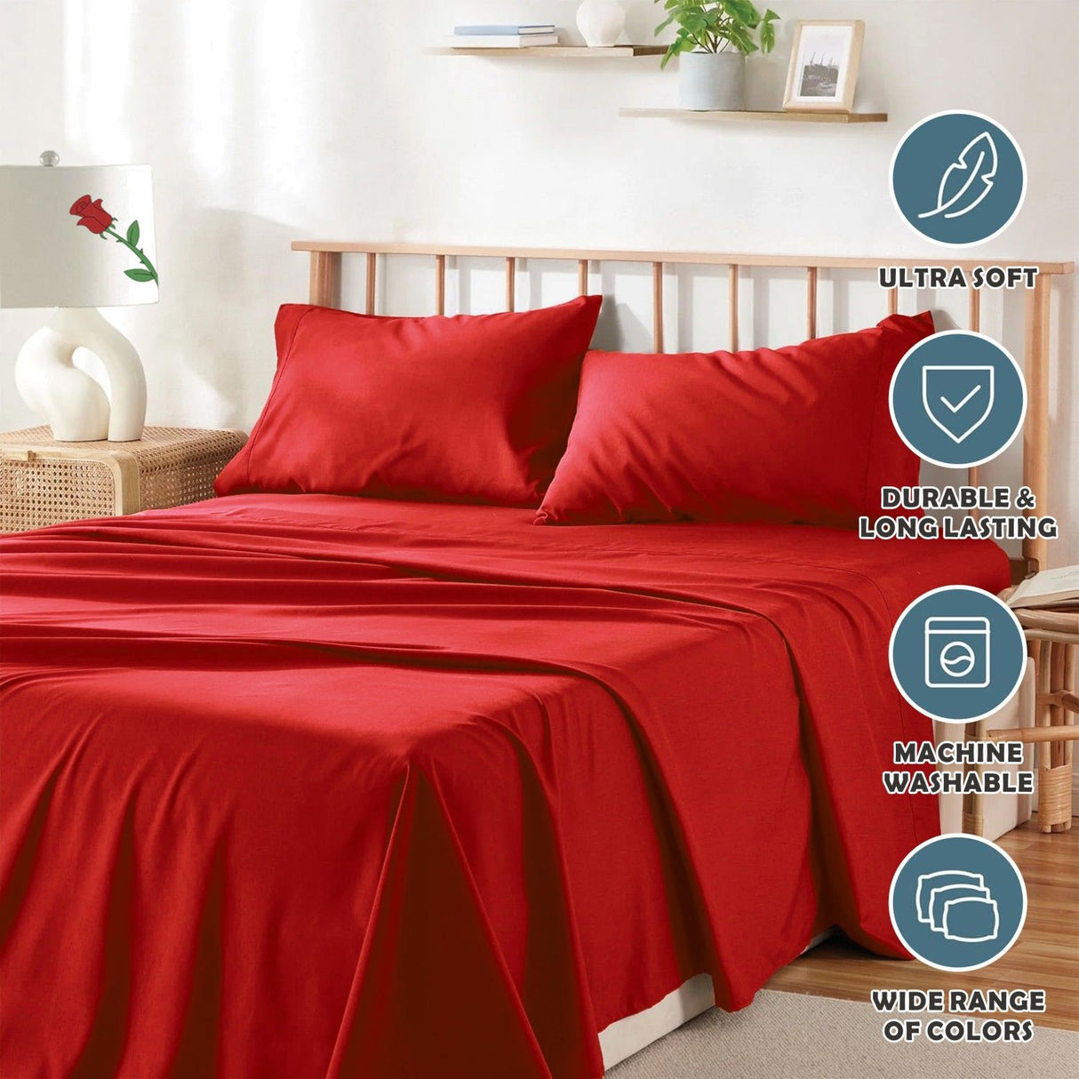 4 Piece Bed Sheet Set- Bedding Sheets & Pillowcases -Breathable Bedding - Wrinkle, Fade, Stain Resistant-Deep Pocket Flat Fitted Bed Sheet Set(Red,Super King)