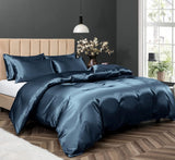 Satin Quilt cover Set Hotel 3 Pieces Quilt cover with Pillowcase, Art Silk Bedding Set-Luxury Soft Silky pillowcase for Hair and Skin, Similar to Silk Duvet/Donna Cover Set- 3 Pieces(Double,Navy)