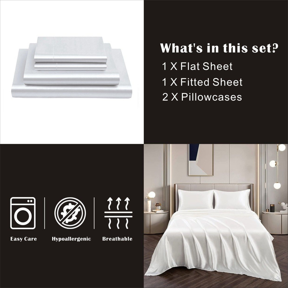 Art Silk Satin Sheet Set Hotel 4 Pieces Fitted/Flat Sheet Bedding Set-Luxury Soft Silky Sheets for Hair and Skin, Similar to Silk Bed Sheets Set 4 Pieces(King,White)