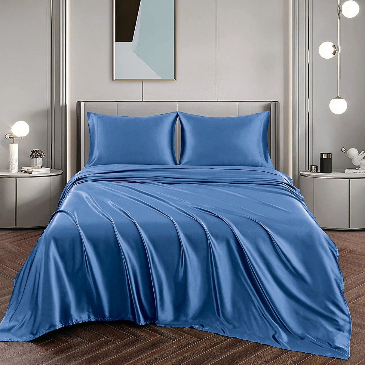 Art Silk Satin Sheet Set Hotel 4 Pieces Fitted/Flat Sheet Bedding Set-Luxury Soft Silky Sheets for Hair and Skin, Similar to Silk Bed Sheets Set 4 Pieces(King,Ocean)