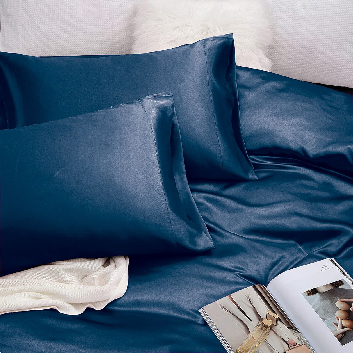 Art Silk Satin Sheet Set Hotel 4 Pieces Fitted/Flat Sheet Bedding Set-Luxury Soft Silky Sheets for Hair and Skin, Similar to Silk Bed Sheets Set 4 Pieces(King,Navy)