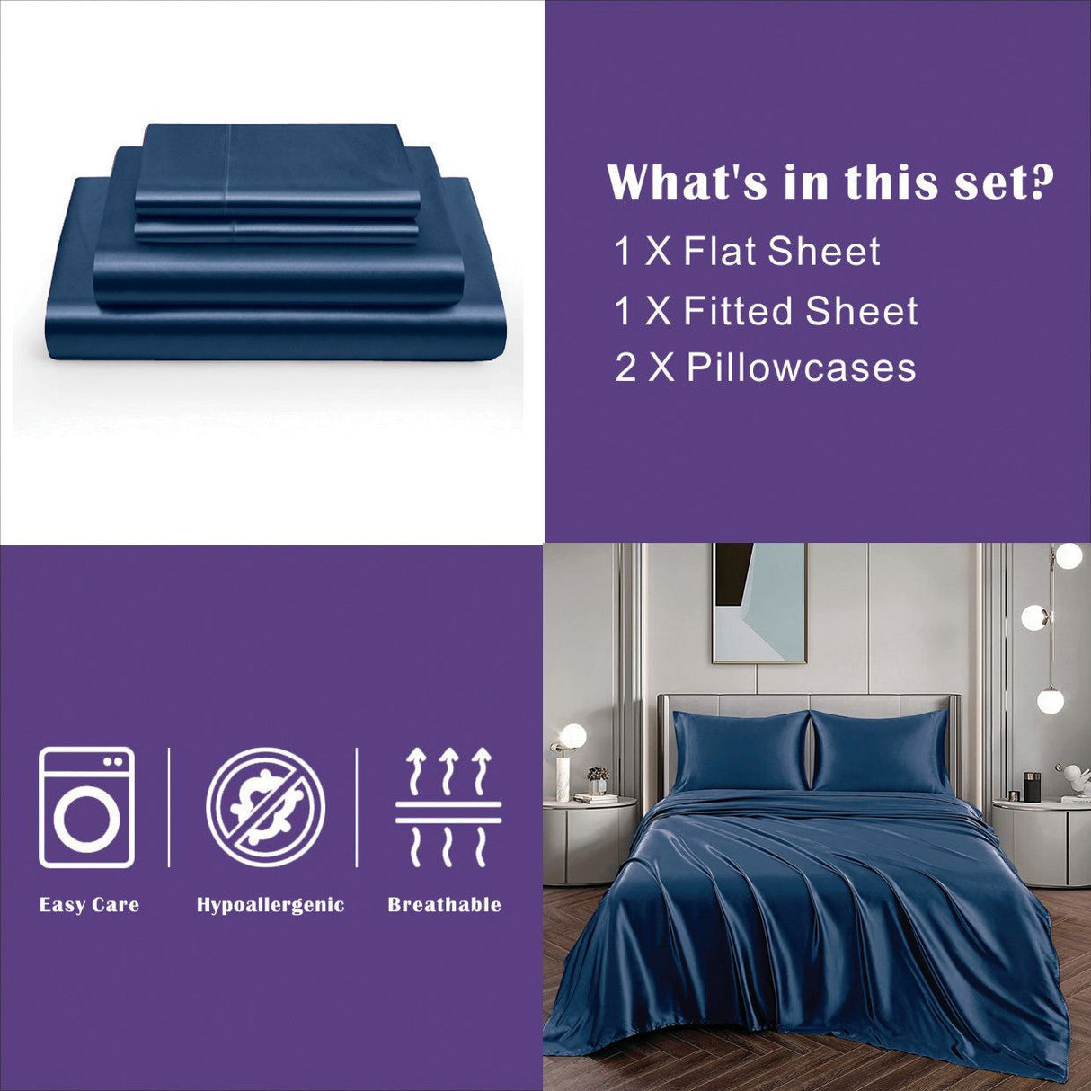 Art Silk Satin Sheet Set Hotel 3 Pieces Fitted/Flat Sheet Bedding Set-Luxury Soft Silky Sheets for Hair and Skin, Similar to Silk Bed Sheets Set 3 Pieces(King Single,Navy)