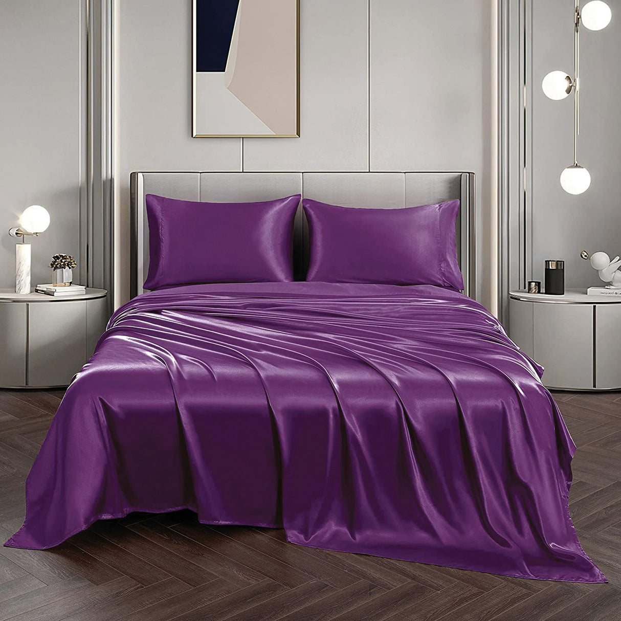 Art Silk Satin Sheet Set Hotel 4 Pieces Fitted/Flat Sheet Bedding Set-Luxury Soft Silky Sheets for Hair and Skin, Similar to Silk Bed Sheets Set 4 Pieces(Super King,Purple)