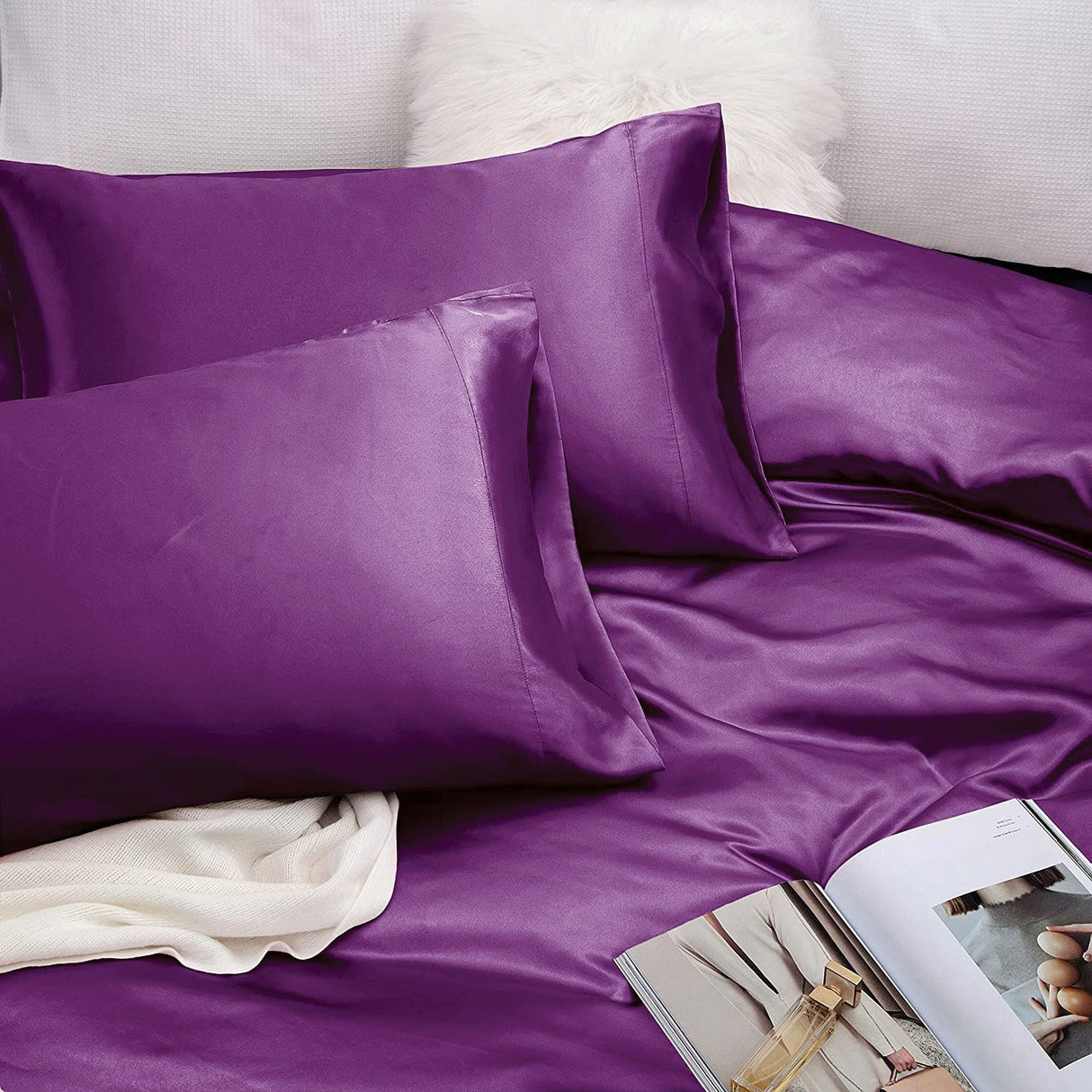Art Silk Satin Sheet Set Hotel 4 Pieces Fitted/Flat Sheet Bedding Set-Luxury Soft Silky Sheets for Hair and Skin, Similar to Silk Bed Sheets Set 4 Pieces(Super King,Purple)