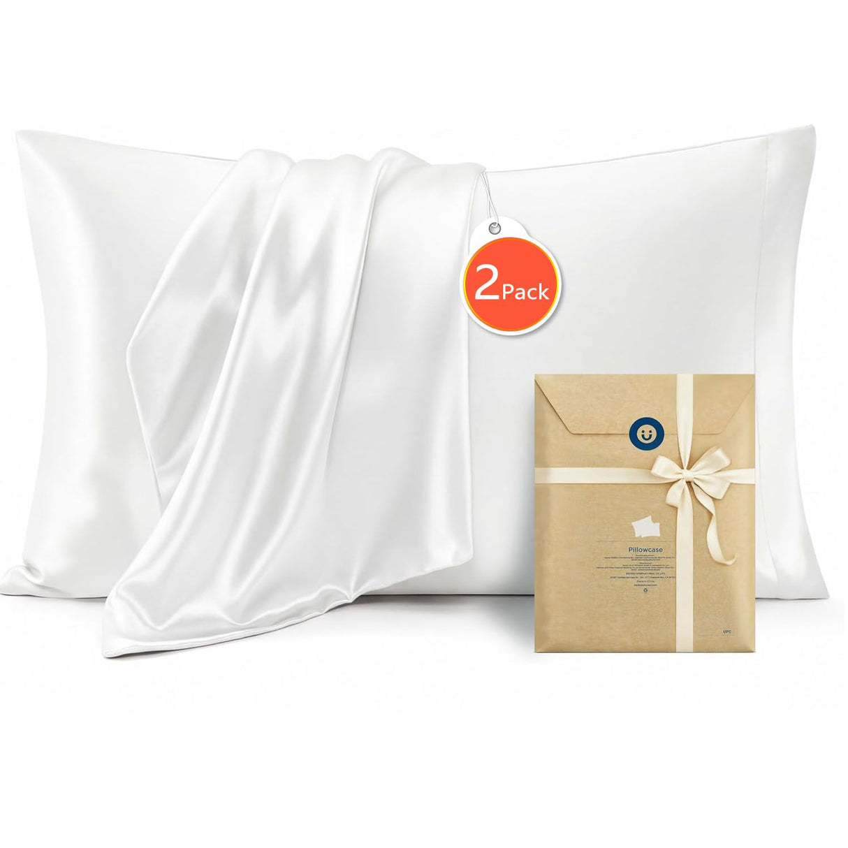 Silk Feel  Pillowcase for Hair and Skin Mulberry Silk Pillowcase Soft Breathable Smooth Both Sided Natural Silk Pillowcase with Envelope pocket Beauty Sleep Silk Pillow Case for Gift (2 Pack, Standard, White)