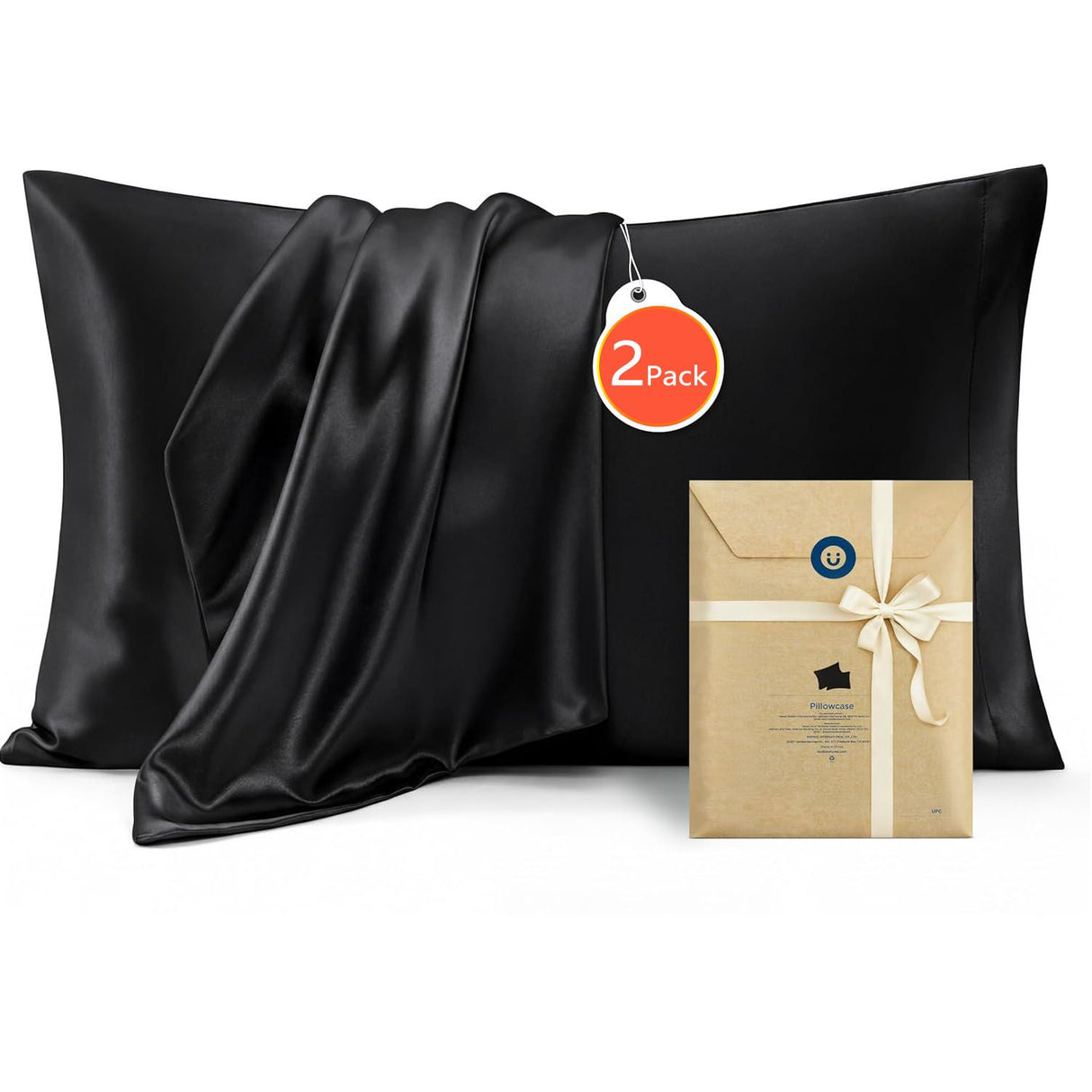 Silk Feel Pillowcase for Hair and Skin Mulberry Silk Pillowcase Soft Breathable Smooth Both Sided Natural Silk Pillowcase with Envelope pocket Beauty Sleep Silk Pillow Case for Gift (2 Pack, Standard, Black)