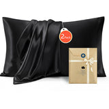 Silk Feel Pillowcase for Hair and Skin Mulberry Silk Pillowcase Soft Breathable Smooth Both Sided Natural Silk Pillowcase with Envelope pocket Beauty Sleep Silk Pillow Case for Gift (2 Pack, Standard, Black)