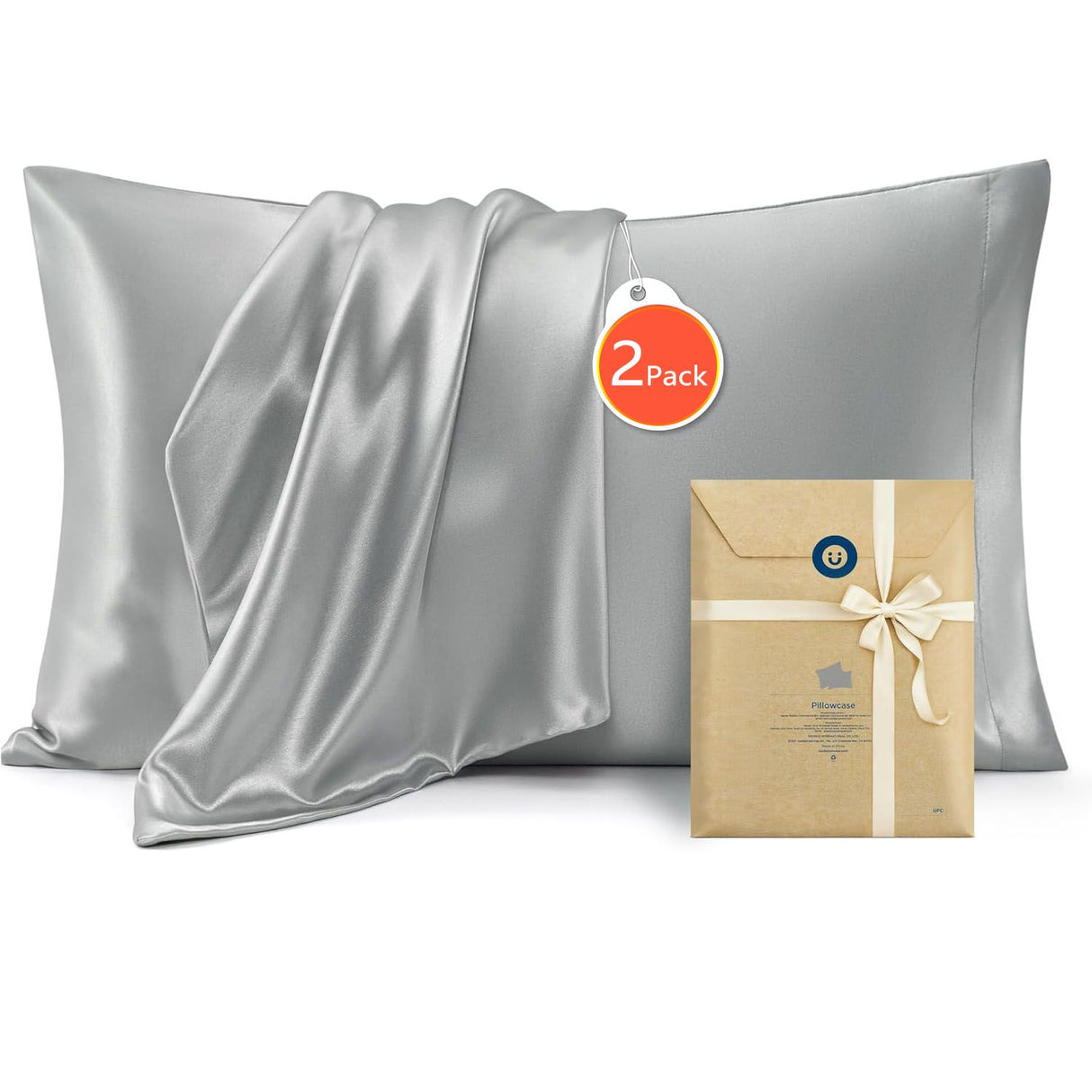 Silk Feel  Pillowcase for Hair and Skin Mulberry Silk Pillowcase Soft Breathable Smooth Both Sided Natural Silk Pillowcase with Envelope pocket Beauty Sleep Silk Pillow Case for Gift (2 Pack, Standard, Grey)