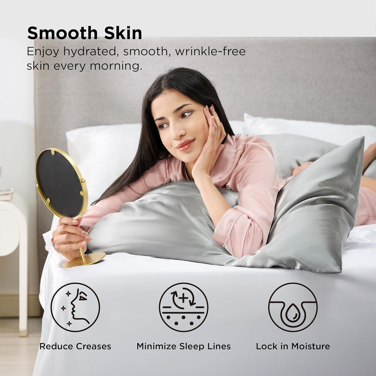 Silk Feel  Pillowcase for Hair and Skin Mulberry Silk Pillowcase Soft Breathable Smooth Both Sided Natural Silk Pillowcase with Envelope pocket Beauty Sleep Silk Pillow Case for Gift (2 Pack, Standard, Grey)