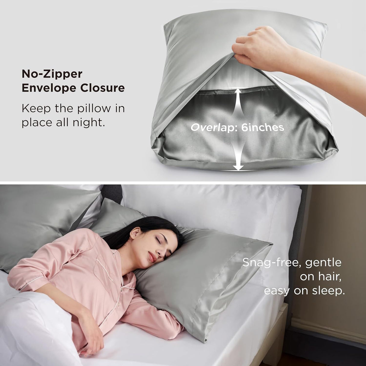 Silk Feel  Pillowcase for Hair and Skin Mulberry Silk Pillowcase Soft Breathable Smooth Both Sided Natural Silk Pillowcase with Envelope pocket Beauty Sleep Silk Pillow Case for Gift (2 Pack, Standard, Grey)