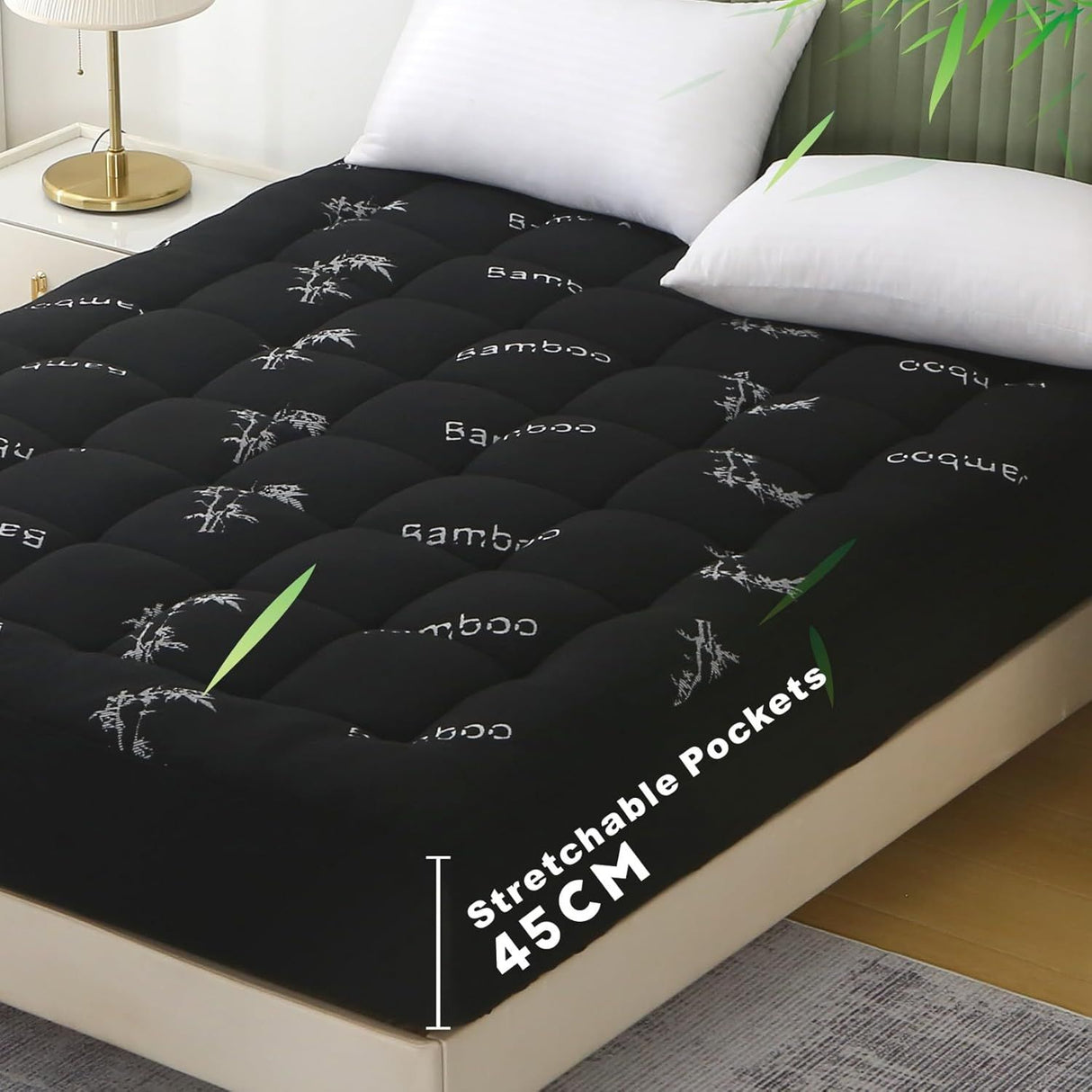 800GSM Mattress Topper Viscose Derived from Bamboo, Thick Pillowtop Fitted Mattress Cover with 45cm Deep Skirt - Machine Washable Hypoallergenic（King Single,Black）