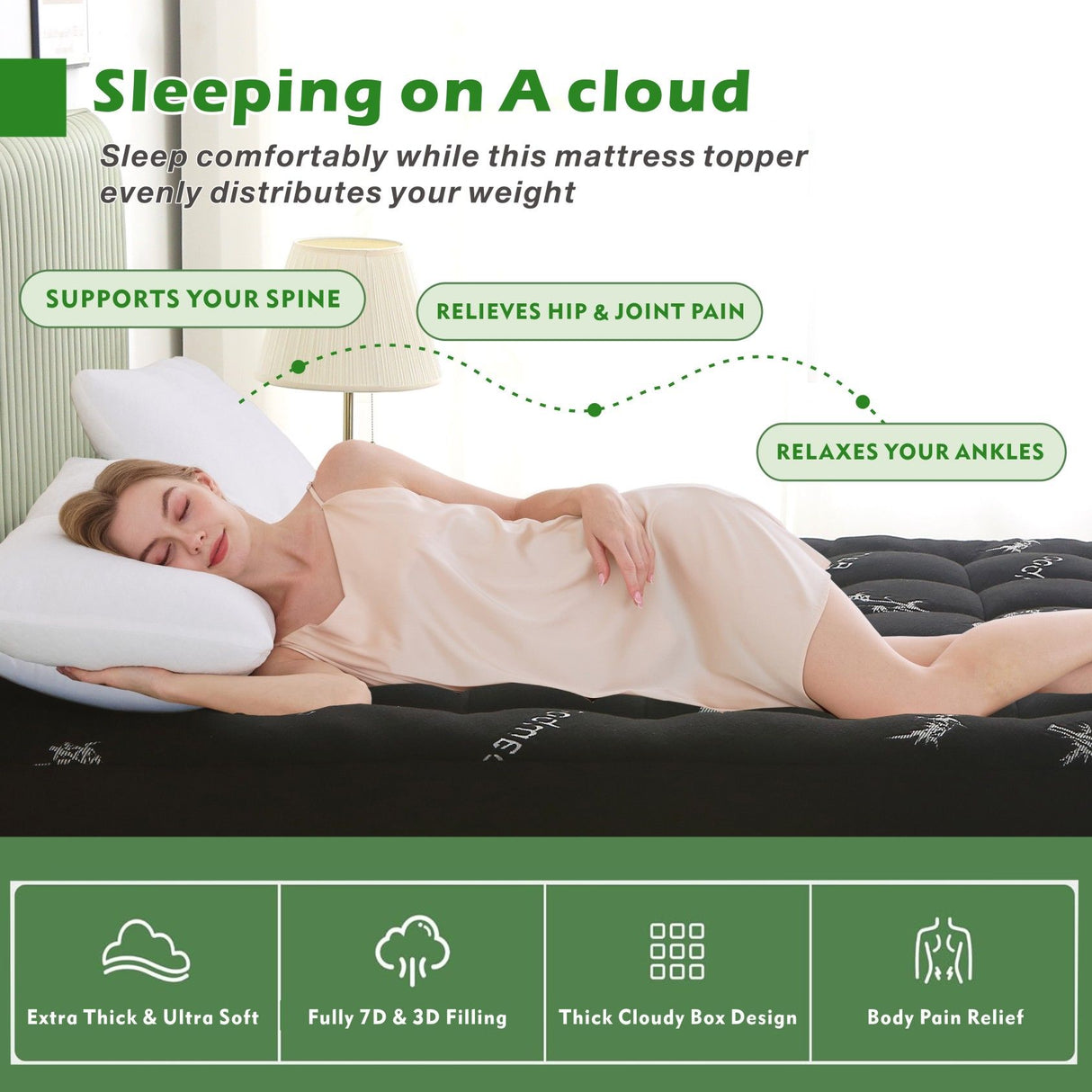 800GSM Mattress Topper Viscose Derived from Bamboo, Thick Pillowtop Fitted Mattress Cover with 45cm Deep Skirt - Machine Washable Hypoallergenic(Queen,,Black)