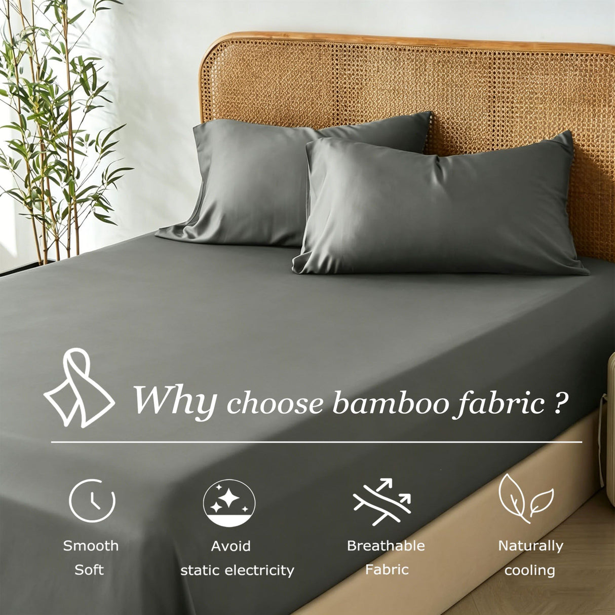 3 Piece Hotel Bamboo Cooling Fitted Sheet Set & Pillowcase -Ultra Soft 2000TC Breathable Fitted Bed Sheets Set with 37 Centimetre Deep Pocket-Cooling Sheets for Hot Sleepers(Grey,Double)