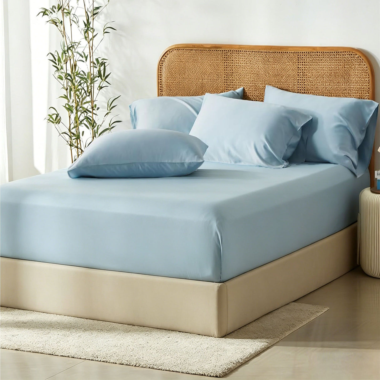3 Piece Hotel Bamboo Cooling Fitted Sheet Set & Pillowcase -Ultra Soft 2000TC Breathable Fitted Bed Sheets Set with 37 Centimetre Deep Pocket-Cooling Sheets for Hot Sleepers(Sky Blue,Double)