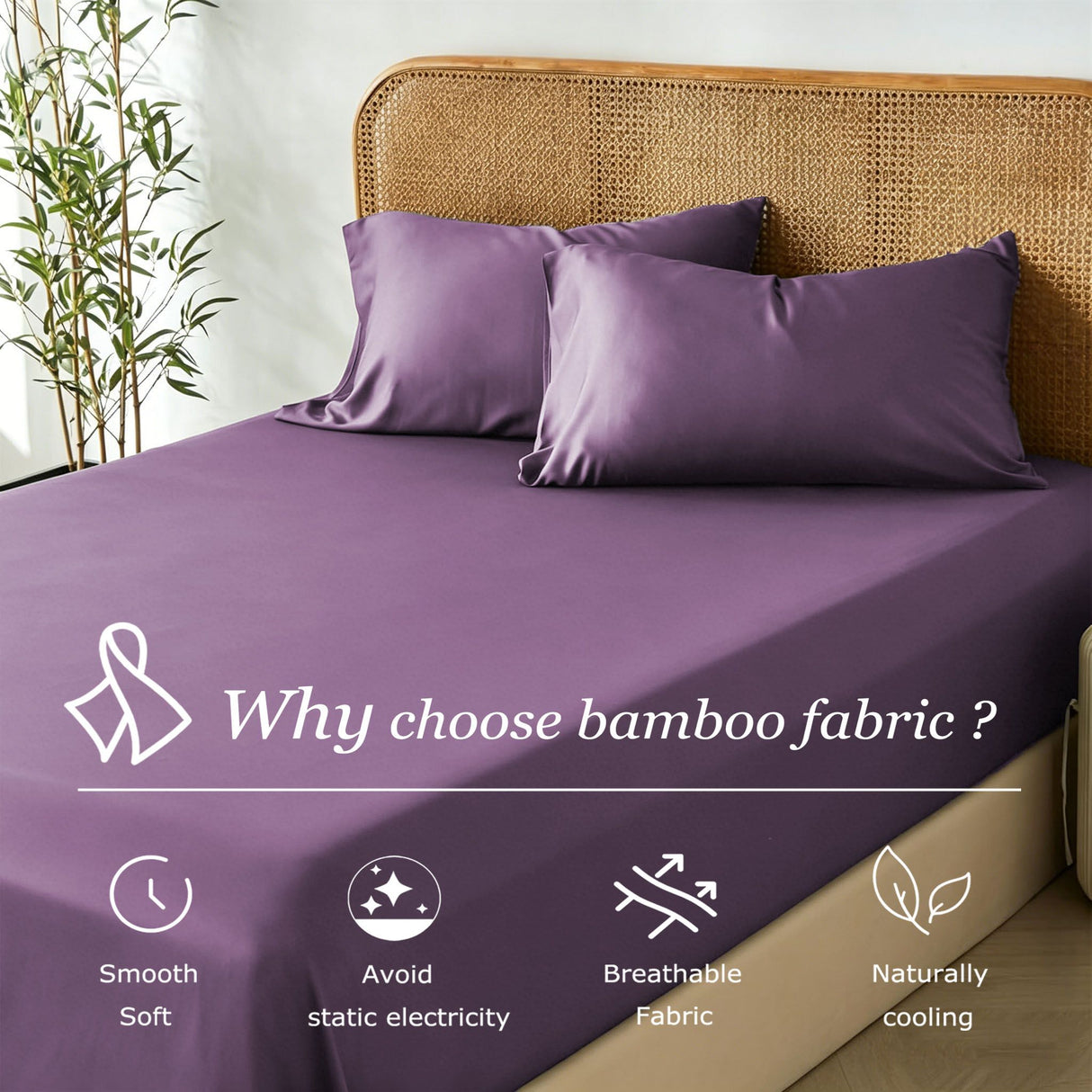 3 Piece Hotel Bamboo Cooling Fitted Sheet Set & Pillowcase -Ultra Soft 2000TC Breathable Fitted Bed Sheets Set with 37 Centimetre Deep Pocket-Cooling Sheets for Hot Sleepers(Purple,Double)