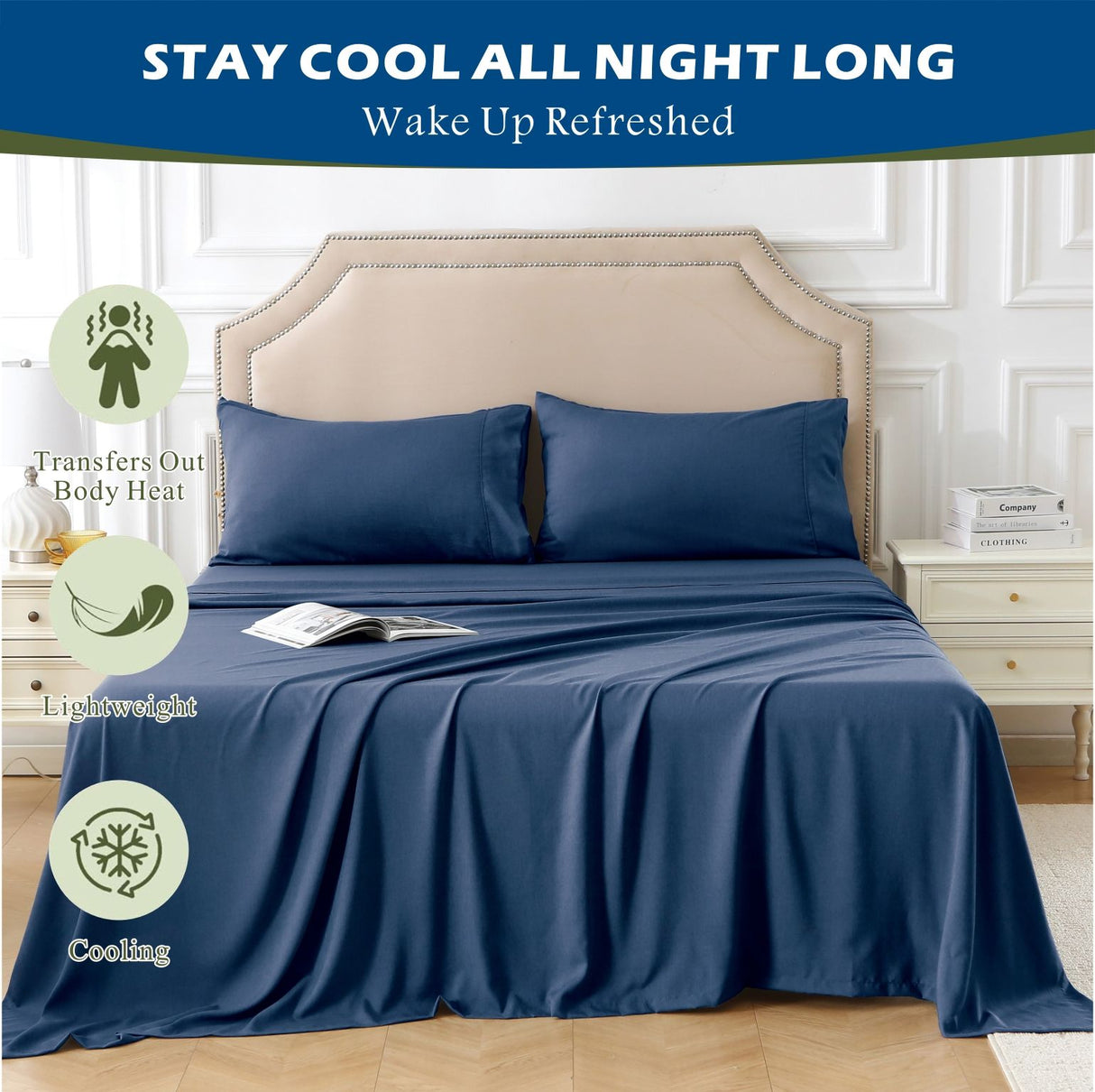 4 Piece Hotel Bamboo Cooling Sheet Set -Ultra Soft 2000TC Breathable Bed Sheets Set with 37 Centimetre Deep Pocket-Cooling Sheets for Hot Sleepers(Navy,Double)