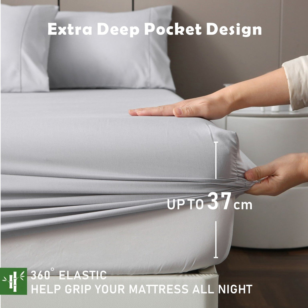 3 Piece Hotel Bamboo Cooling Fitted Sheet Set & Pillowcase -Ultra Soft 2000TC Breathable Fitted Bed Sheets Set with 37 Centimetre Deep Pocket-Cooling Sheets for Hot Sleepers(Silver-gray,King)
