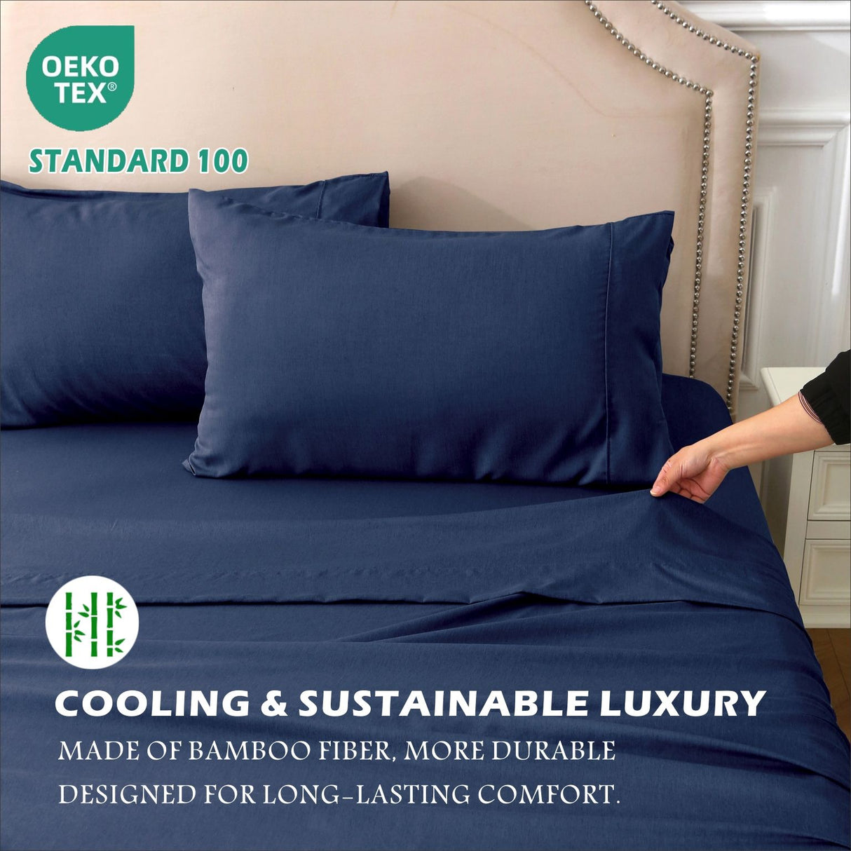 4 Piece Hotel Bamboo Cooling Sheet Set -Ultra Soft 2000TC Breathable Bed Sheets Set with 37 Centimetre Deep Pocket-Cooling Sheets for Hot Sleepers(Navy,King)