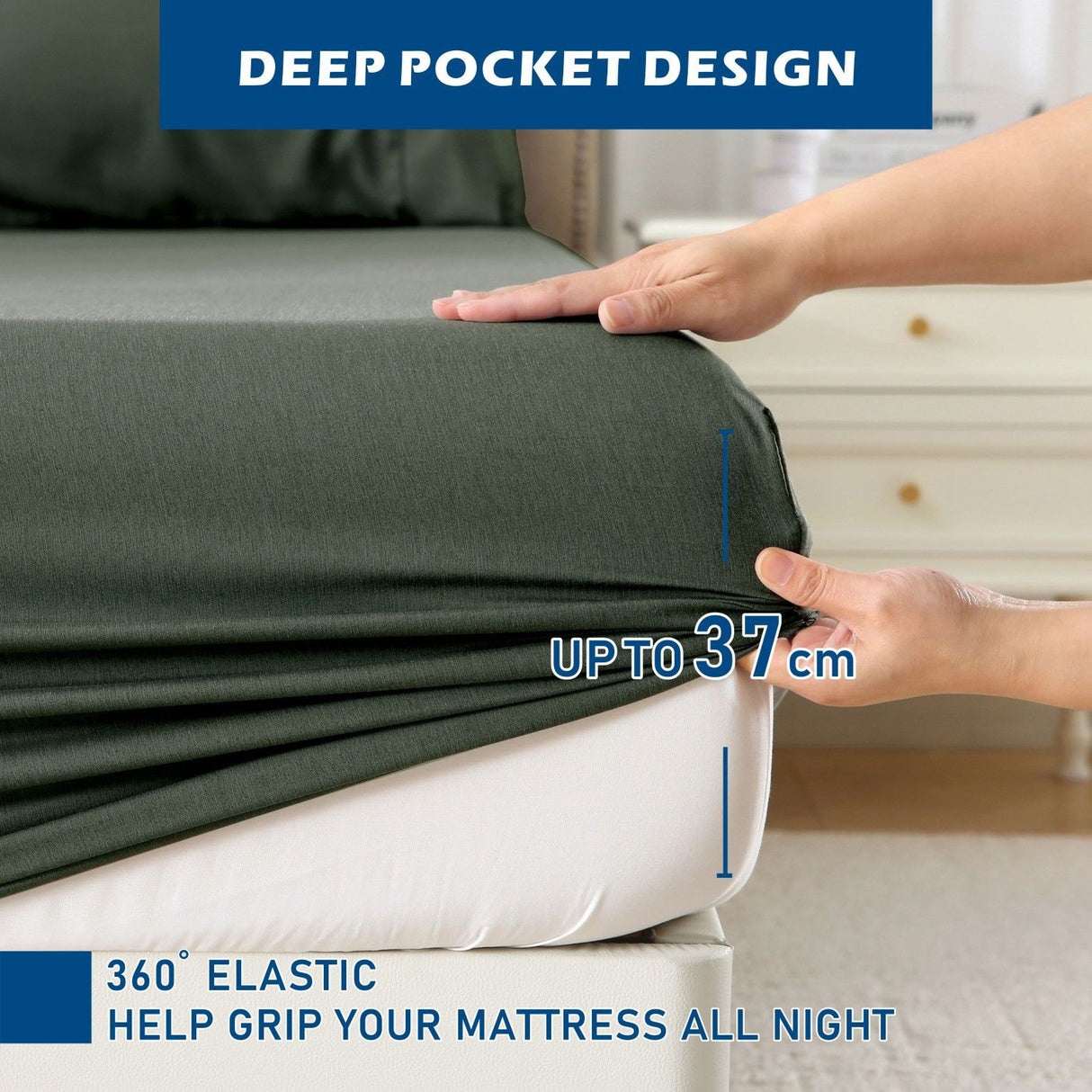 3 Piece Hotel Bamboo Cooling Sheet Set -Ultra Soft 2000TC Breathable Bed Sheets Set with 37 Centimetre Deep Pocket-Cooling Sheets for Hot Sleepers(Olive green,King Single)