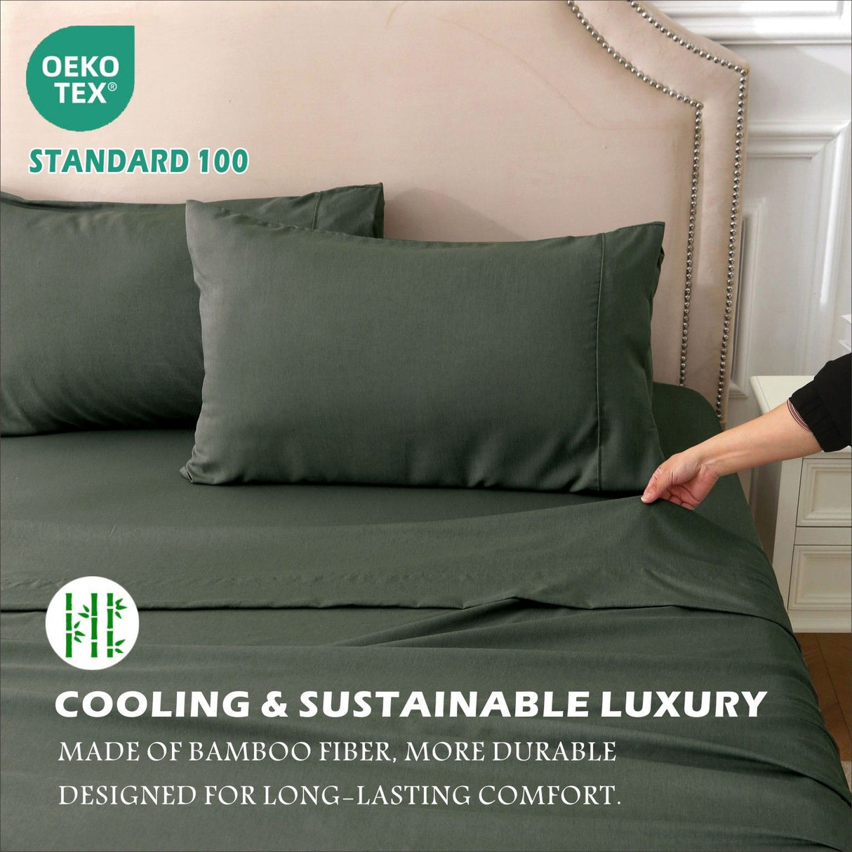 3 Piece Hotel Bamboo Cooling Sheet Set -Ultra Soft 2000TC Breathable Bed Sheets Set with 37 Centimetre Deep Pocket-Cooling Sheets for Hot Sleepers(Olive green,King Single)