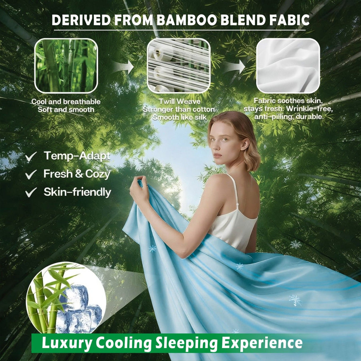 3 Piece Hotel Bamboo Cooling Sheet Set -Ultra Soft 2000TC Breathable Bed Sheets Set with 37 Centimetre Deep Pocket-Cooling Sheets for Hot Sleepers(Sky Blue,King Single)