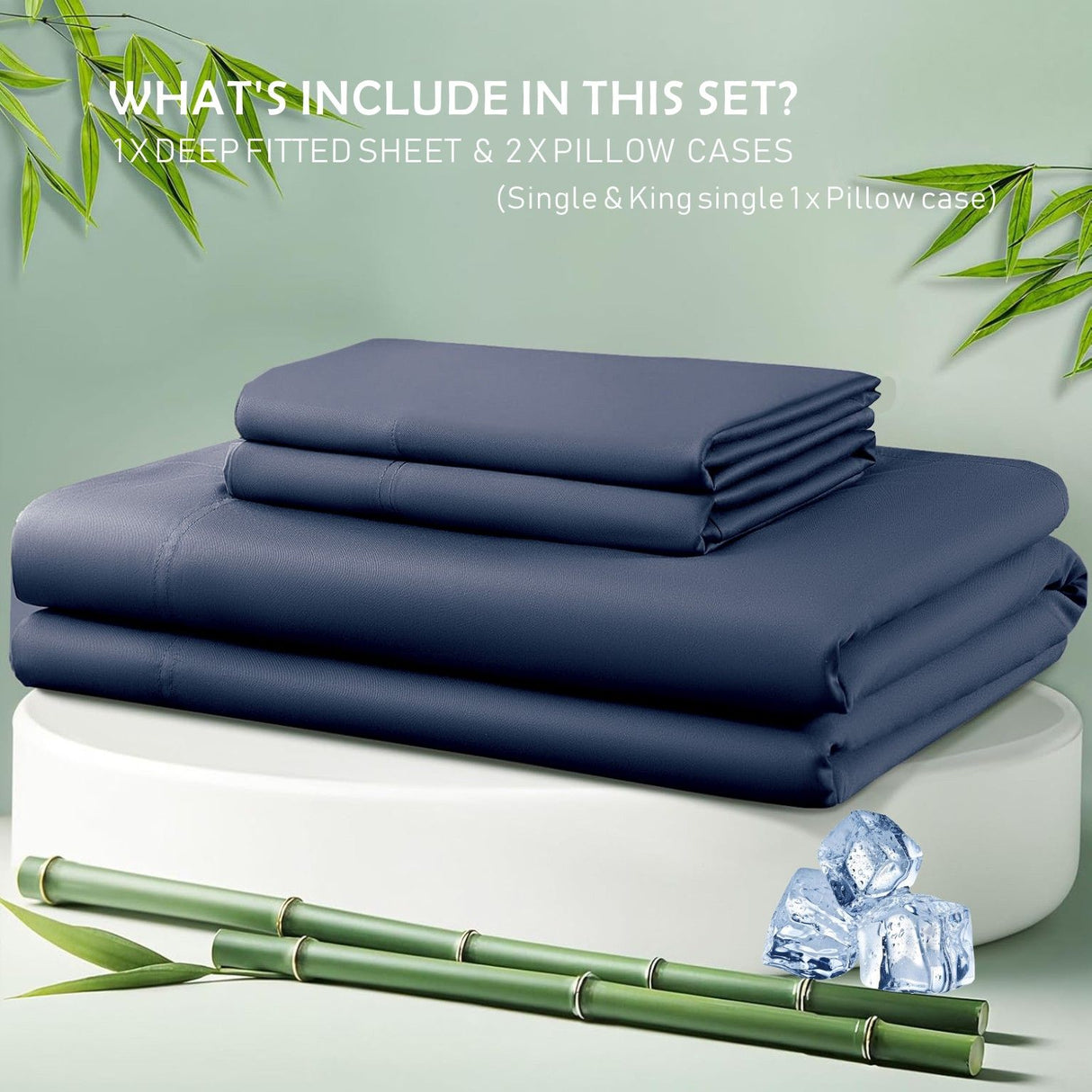 3 Piece Hotel Bamboo Cooling Fitted Sheet Set & Pillowcase -Ultra Soft 2000TC Breathable Fitted Bed Sheets Set with 37 Centimetre Deep Pocket-Cooling Sheets for Hot Sleepers(Navy,Queen)