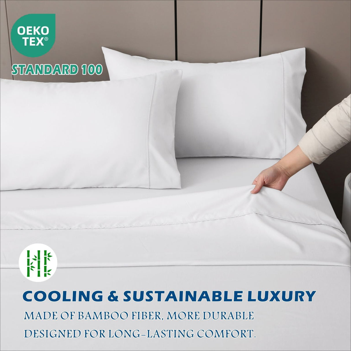 3 Piece Hotel Bamboo Cooling Sheet Set -Ultra Soft 2000TC Breathable Bed Sheets Set with 37 Centimetre Deep Pocket-Cooling Sheets for Hot Sleepers(White,Single)