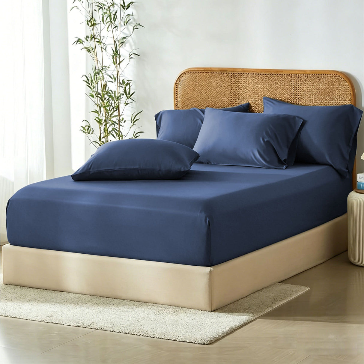 3 Piece Hotel Bamboo Cooling Fitted Sheet Set & Pillowcase -Ultra Soft 2000TC Breathable Fitted Bed Sheets Set with 37 Centimetre Deep Pocket-Cooling Sheets for Hot Sleepers(Navy,Super King)
