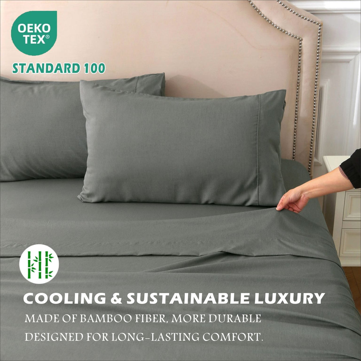 4 Piece Hotel Bamboo Cooling Sheet Set -Ultra Soft 2000TC Breathable Bed Sheets Set with 37 Centimetre Deep Pocket-Cooling Sheets for Hot Sleepers(Grey,Super King)