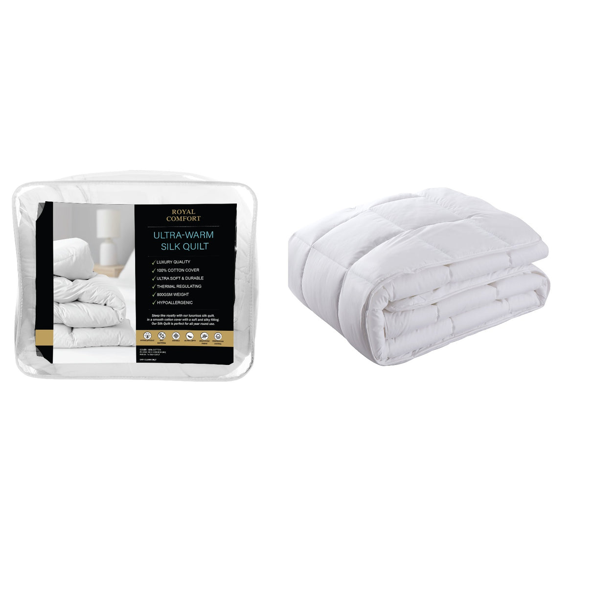 Royal Comfort 800GSM Silk Blend Quilt Duvet Ultra Warm Winter Weight  - King - White