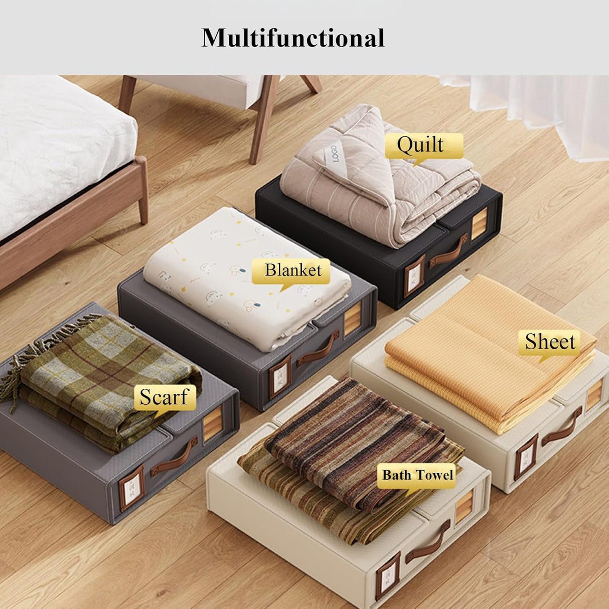 CARLA HOME Bed Sheet Organizer Set of 8 with Handle & Window for Covers, Pillowcases, Blankets, Clothes & Sheets (Grey)