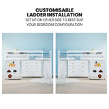 KINGSTON SLUMBER Wooden Kids Single Loft Bed Frame with Pull Out Desk, Storage Drawers, Cabinet - White