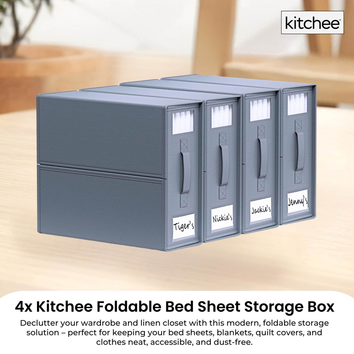 4x Kitchee Foldable Bed Sheet Storage Box - Linen and Closet Organiser Grey