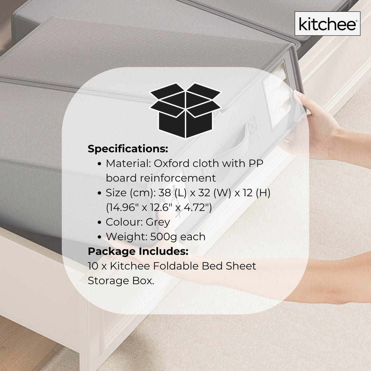 10x Kitchee Foldable Bed Sheet Storage Box - Linen and Closet Organiser Grey