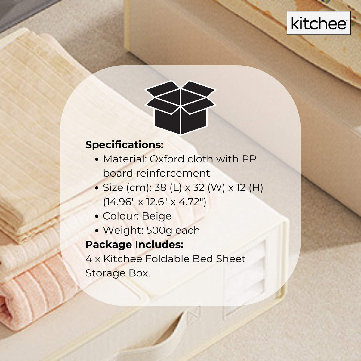 4x Kitchee Foldable Bed Sheet Storage Box - Linen and Closet Organiser Beige