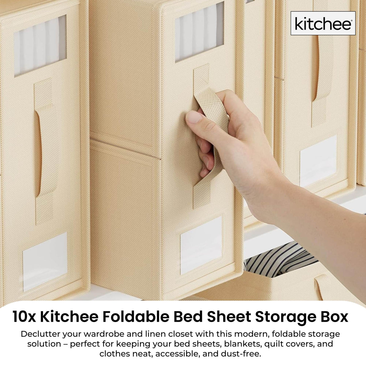 10x Kitchee Foldable Bed Sheet Storage Box - Linen and Closet Organiser Beige