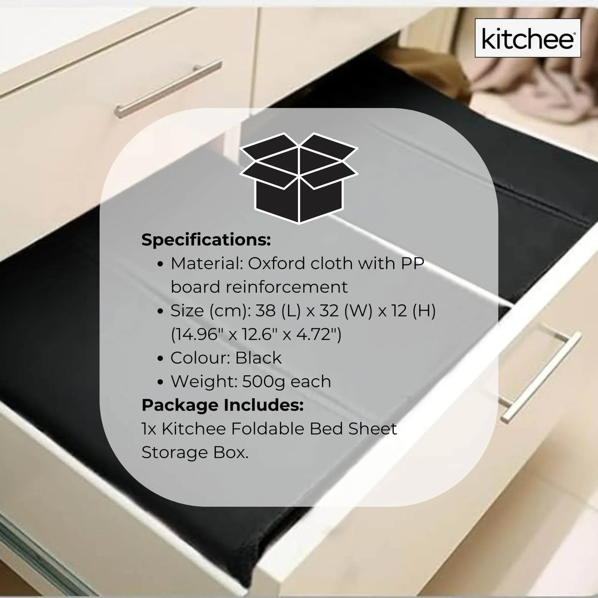 1x Kitchee Foldable Bed Sheet Storage Box - Linen and Closet Organiser Black