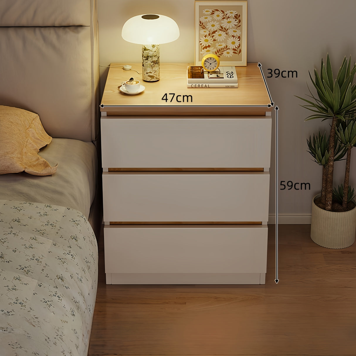 2x Bedside table set modern design oak wood grain white 3 drawers