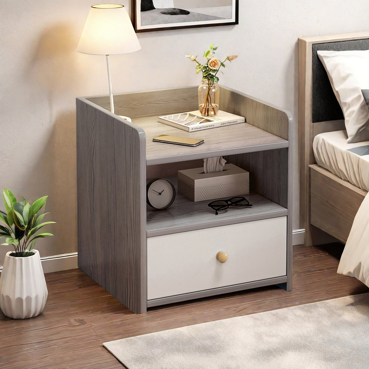 2x bedside table with drawer and shelf modern nightstand bedroom furniture