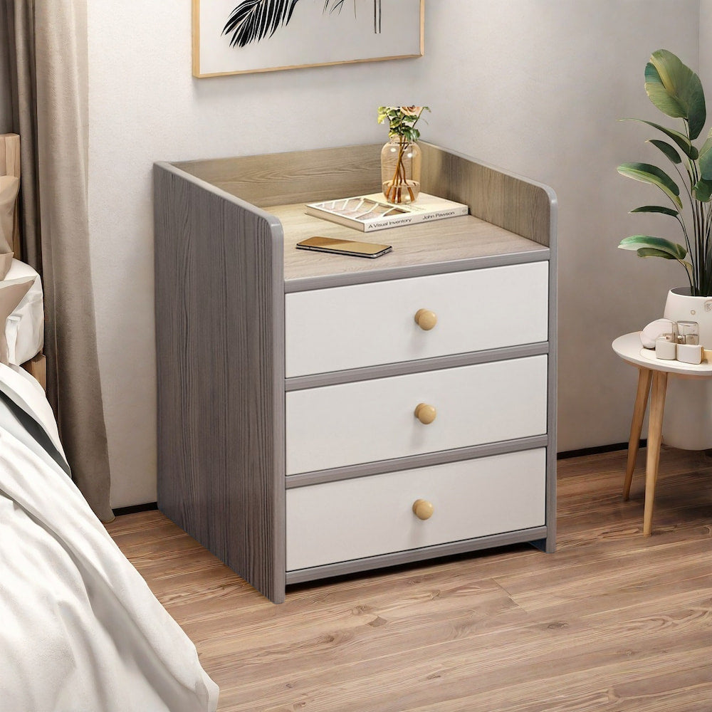 Modern Nightstand Light Gray Wood Grain Three Drawers Safety Tray Top Wooden Knobs