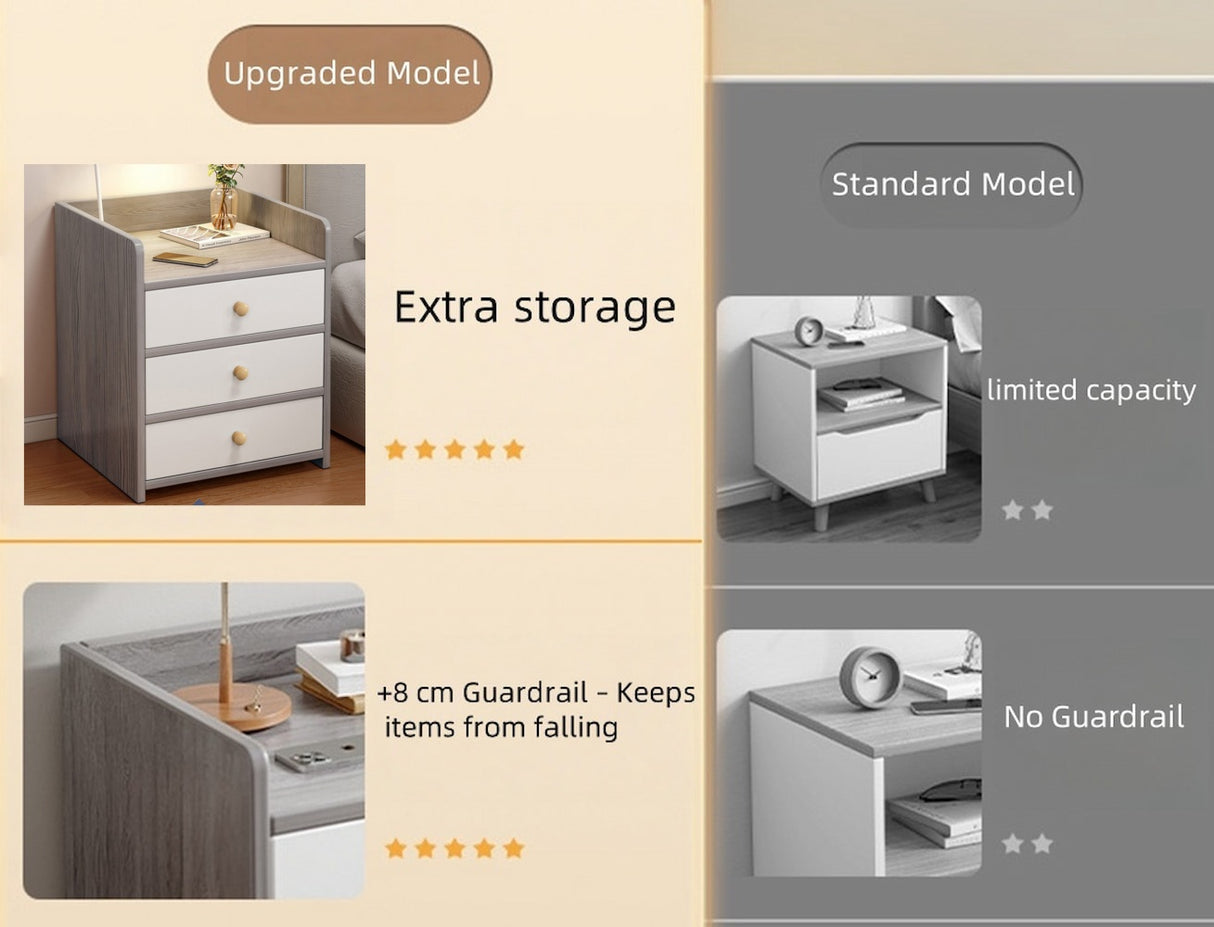 2x bedside table set 3 drawer light gray white wooden knobs bedroom furniture