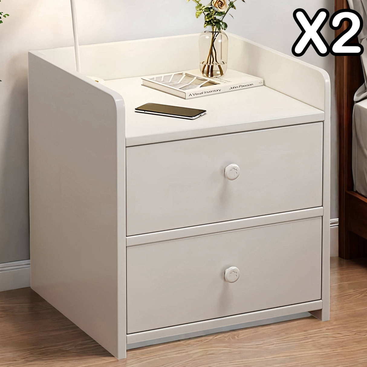 2x Bedside table set with drawers, minimalist design, white finish, modern style