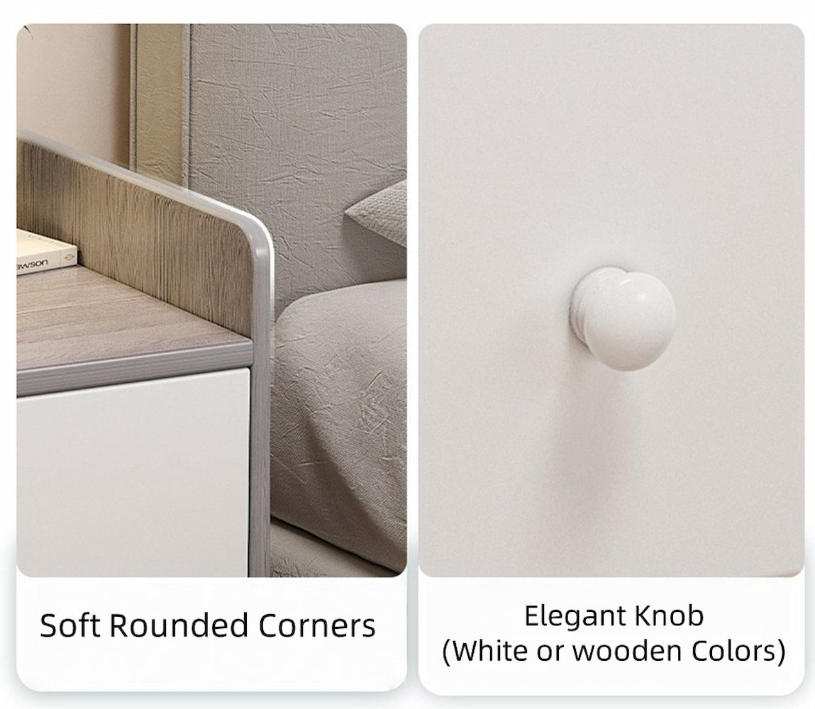 Minimalist Nightstand White Triple Drawer Safety Tray Design Wooden Handles