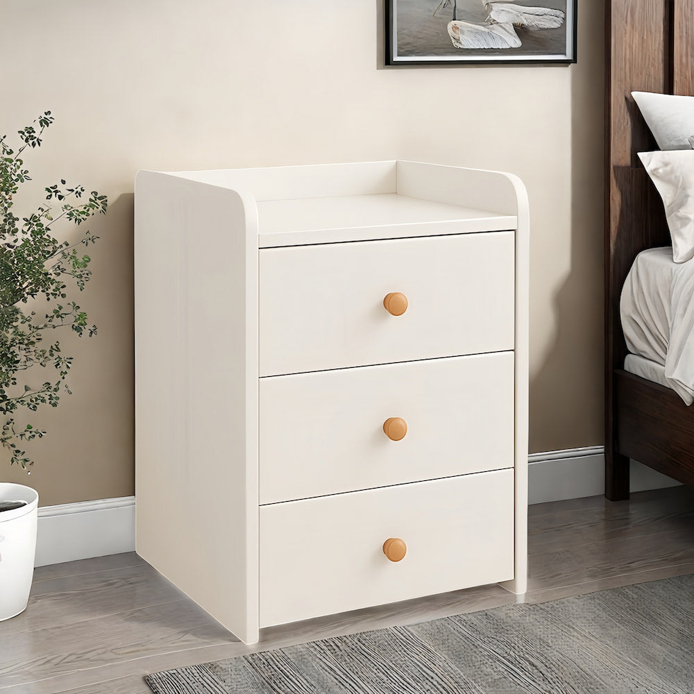 Minimalist Nightstand White Triple Drawer Safety Tray Design Wooden Handles