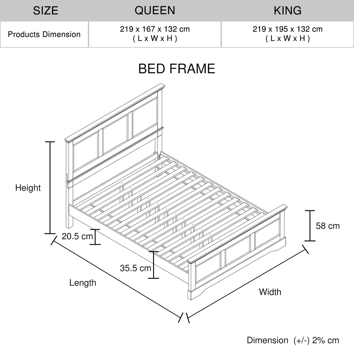 King Bed Frame in Solid Wood with Slats Support in White colour